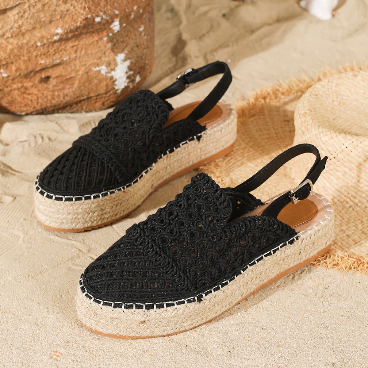 2025 Summer Hemp Rope Thick-Soled Closed-Toe Backless Sandals with Woven Strap Buckle, Women's Casual Espadrilles with Hollow-Out Flat Sole