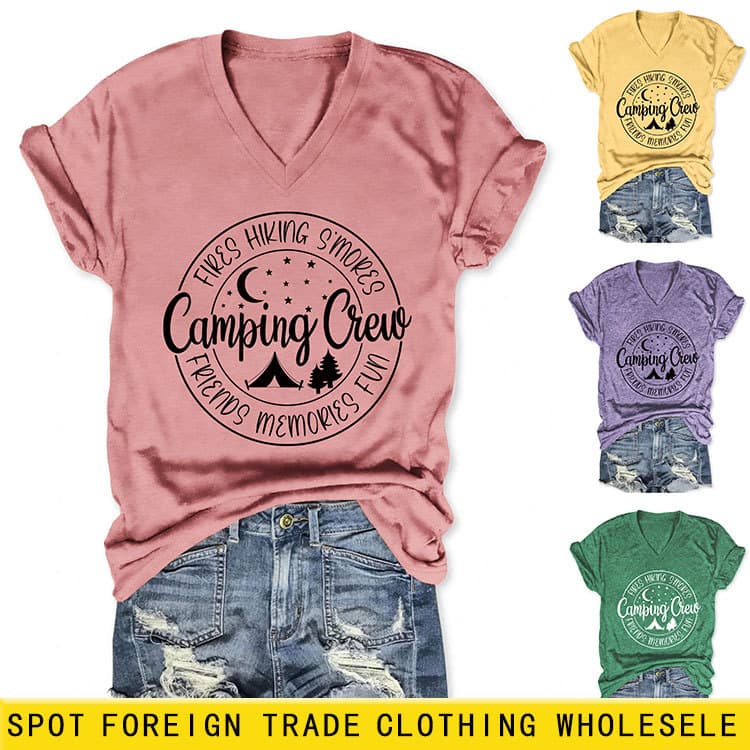 Fires Hiking Smores European Station Ebay Amazon Casual Versatile Women's V-Neck Short-Sleeved T-Shirt
