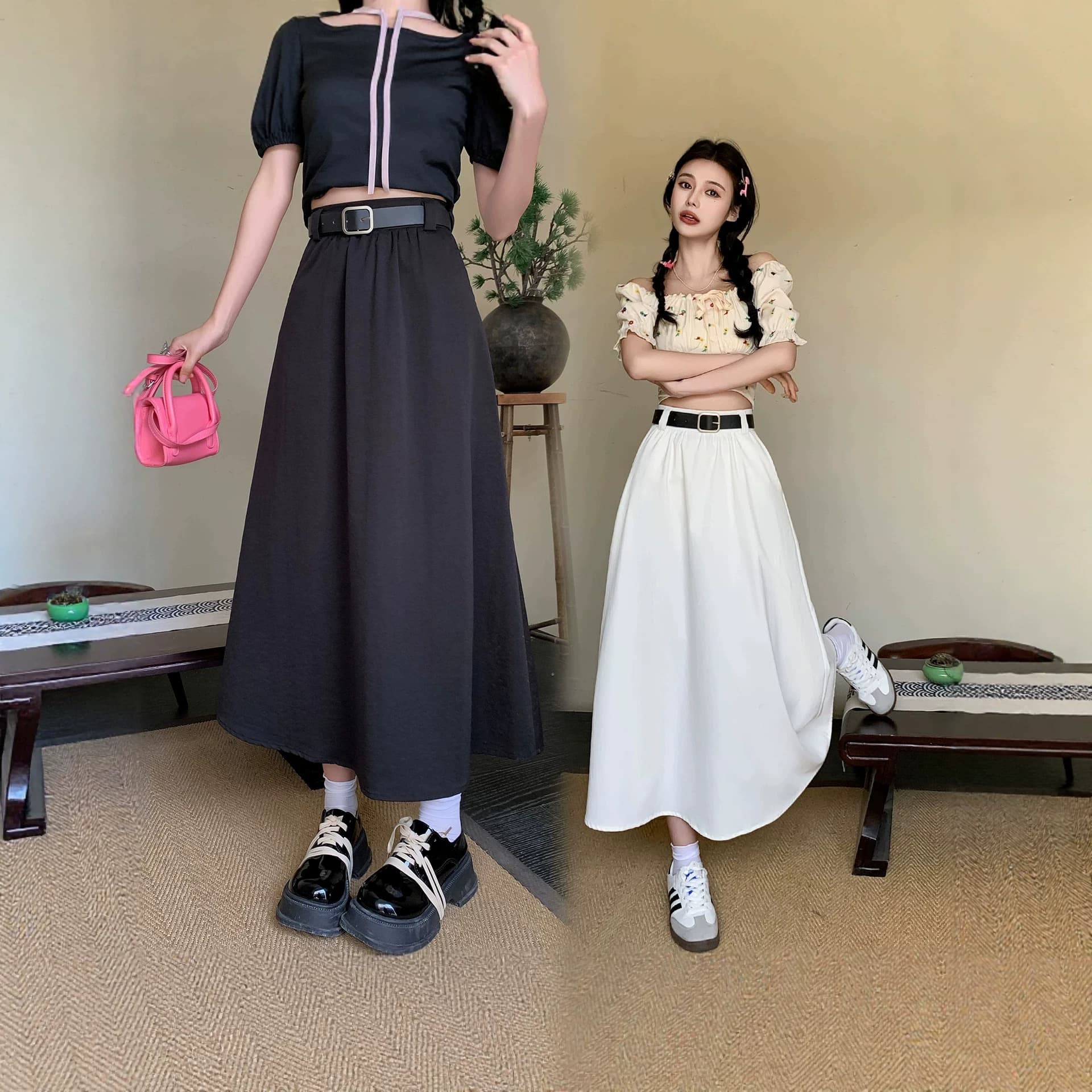 Plus Size Women's High-Waist A-Line Skirt Black Suit Skirt Long Midi Dress