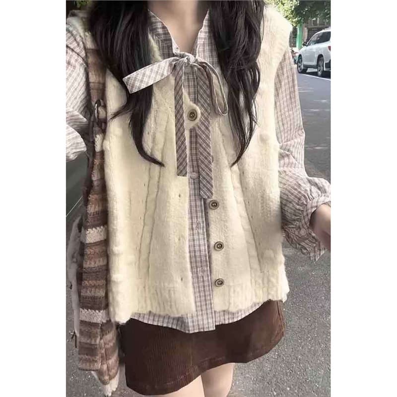 Early autumn academic style loose slimming soft knit cardigan women student + versatile retro plaid shirt two-piece set