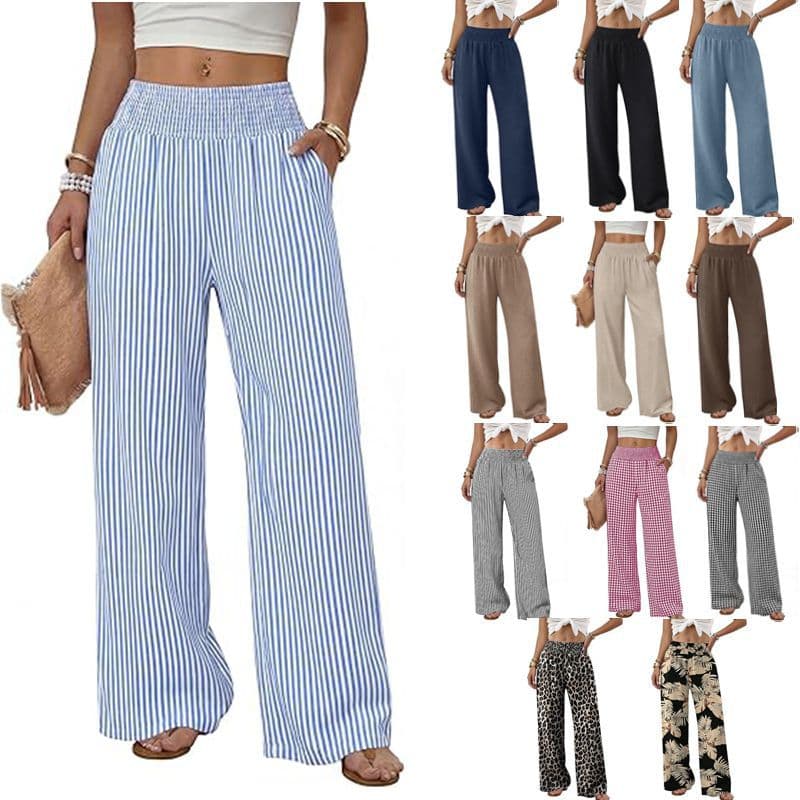 2026 European and American Cross-border Women's Fashion Amazon Bestseller Loose High-Waist Smocked Casual Wide-Leg Long Pants