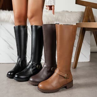 Autumn New Foreign Trade Large Size Women's Leather Boots Long Riding Boots Low Heel Round Toe Side Zipper Leather Buckle Martin Boots