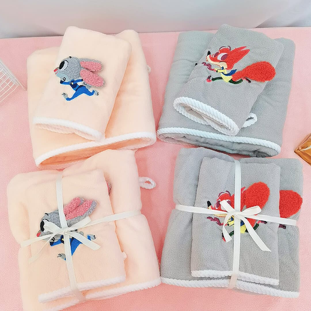Judy and Nick cartoon embroidered coral fleece towel set, soft and absorbent rabbit and fox design, popular home bath towel