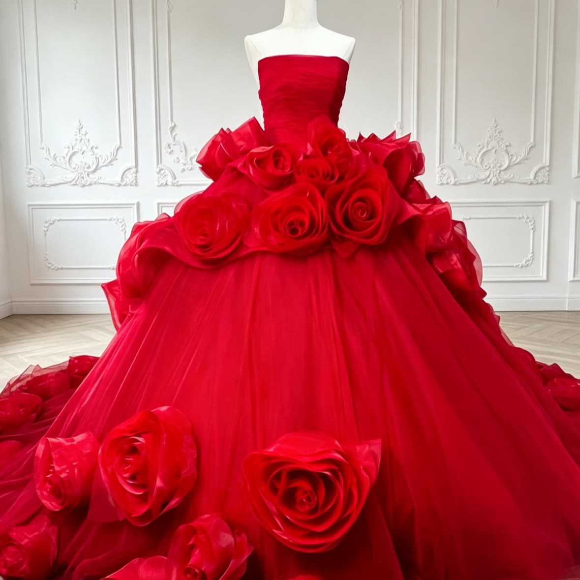 Strapless 3D Rose Wedding Dress with Cathedral Train, Puffy Ball Gown, Bridal Gown for Photography Studio, Theme Party, Bride Photo Shoot