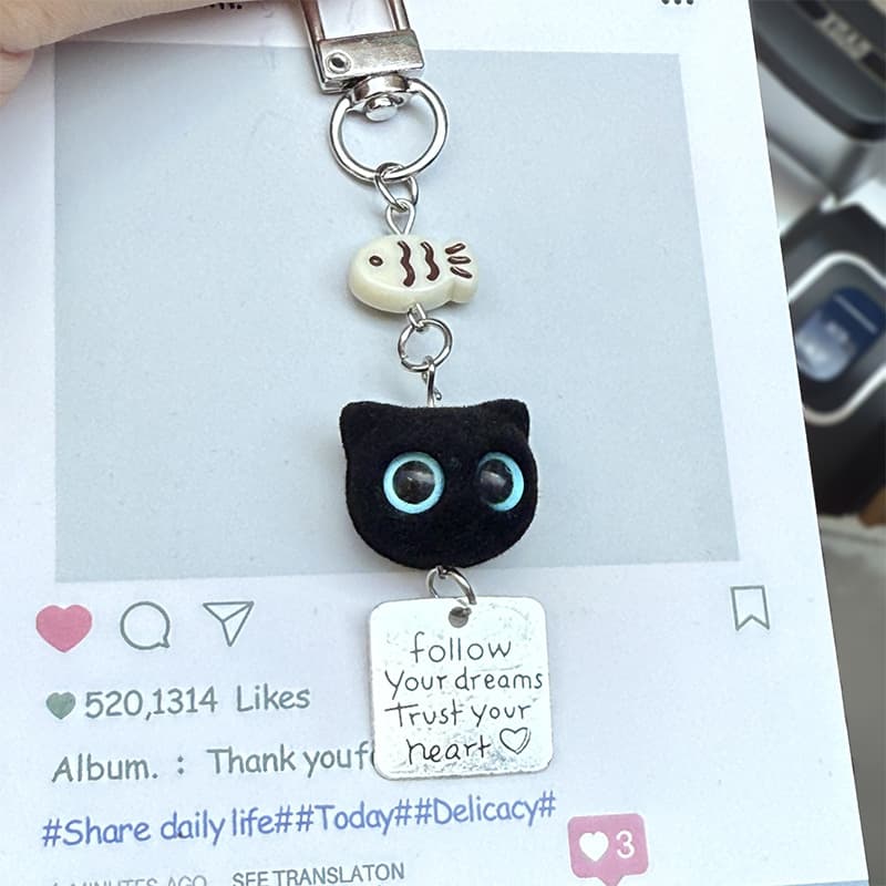 Black Cat Loves Fish Phone Charm Keychain Door Hook Decoration Versatile Simple Bag Camera Strap