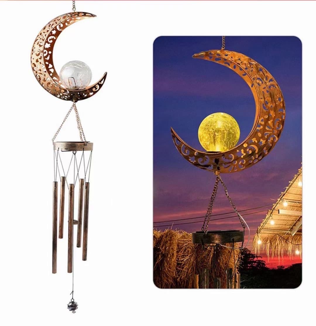 Factory Direct Solar Garden Light Iron Art Hollow Sun Moon Wind Chime Pendant LED Outdoor Landscape Decoration
