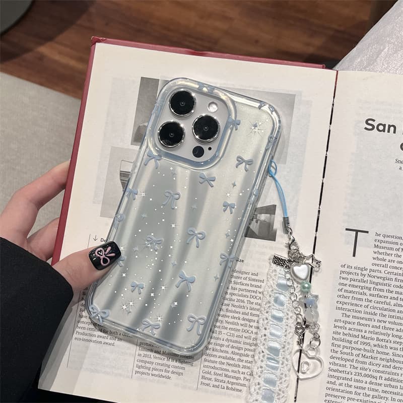 ins Blue Bow Charm Phone Case for 17 Pro Max, Compatible with 16 Pro Max Full Coverage Dual-Layer 15 Pro/14