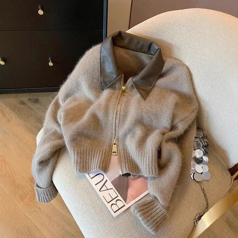 Knit Cardigan with Faux Leather Collar Zipper 2025 Short Fashionable Lady Spring Autumn Sweater Top Premium Feel