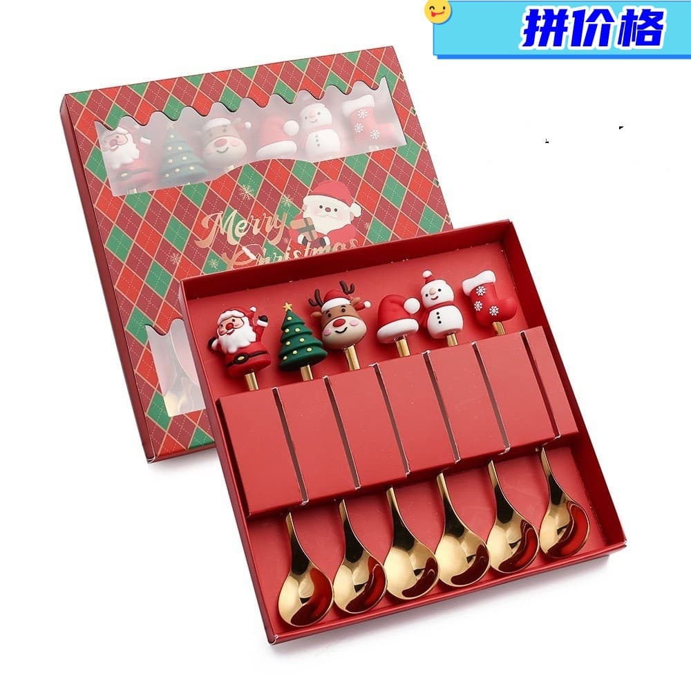 Christmas cutlery set with cartoon figurines, coffee spoons, creative Santa Claus dessert spoons, fruit forks, and gift box packaging.