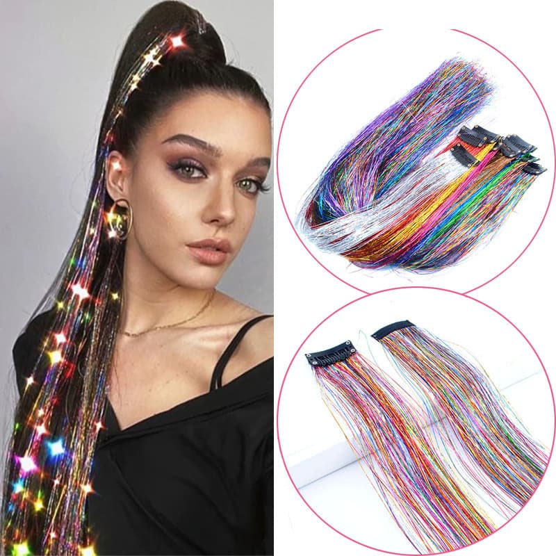 Cross-border Trade Colorful Laser Hair Extension Clip-In Straight Hair Piece with Gold, Seven-Color, and Bright Laser Threads