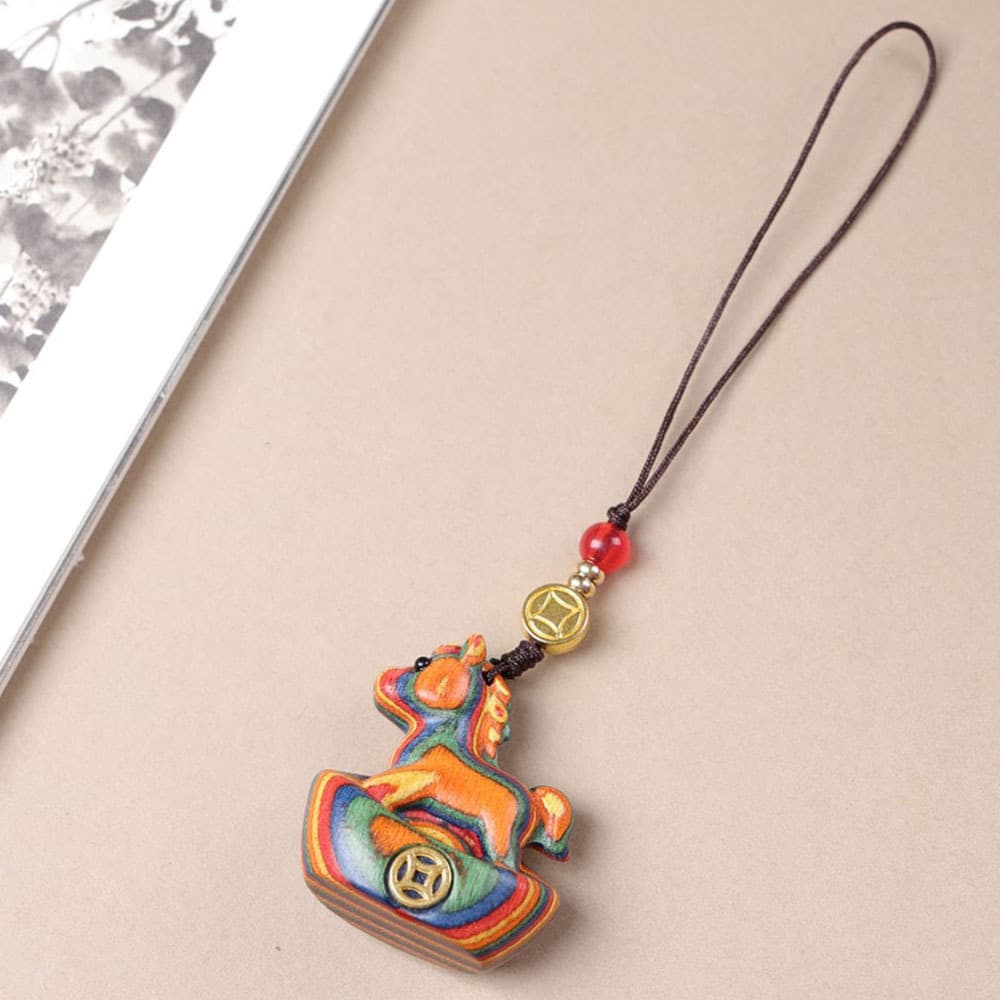 Rainbow wood carving, copper coin, ingot, small lucky horse, wooden cute pet mobile phone chain, couple backpack decoration