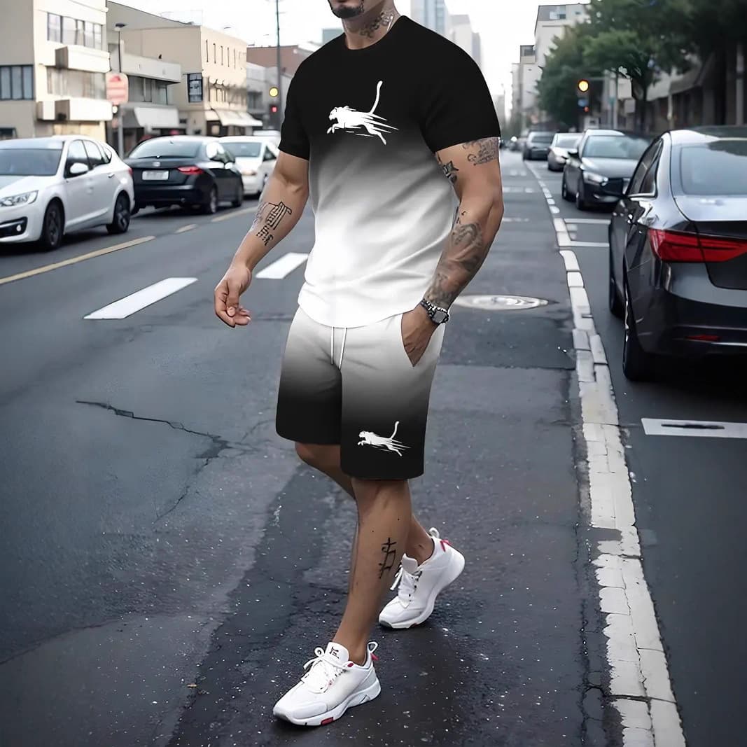 2025 independent station summer European and American sports fashion printed short-sleeved shorts fashion sports and leisure training suit for men