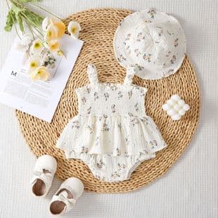 2025 Baby Summer Bodysuit Sweet Floral Strap Dress for Girls Sleeveless Diaper Cover Cute Triangle Romper with Hat