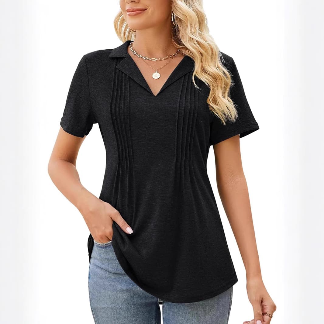 2025V-neck puff short-sleeved pleated T-shirt solid color top loose pleated SKIMSskims Japanese and Korean casual