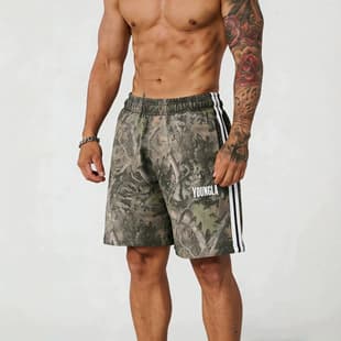 YOUNGLA American-Style Autumn Leaf Pattern Shorts for Men Casual Camo Patch Retro Letter Loose Fit Fitness Sports Beach