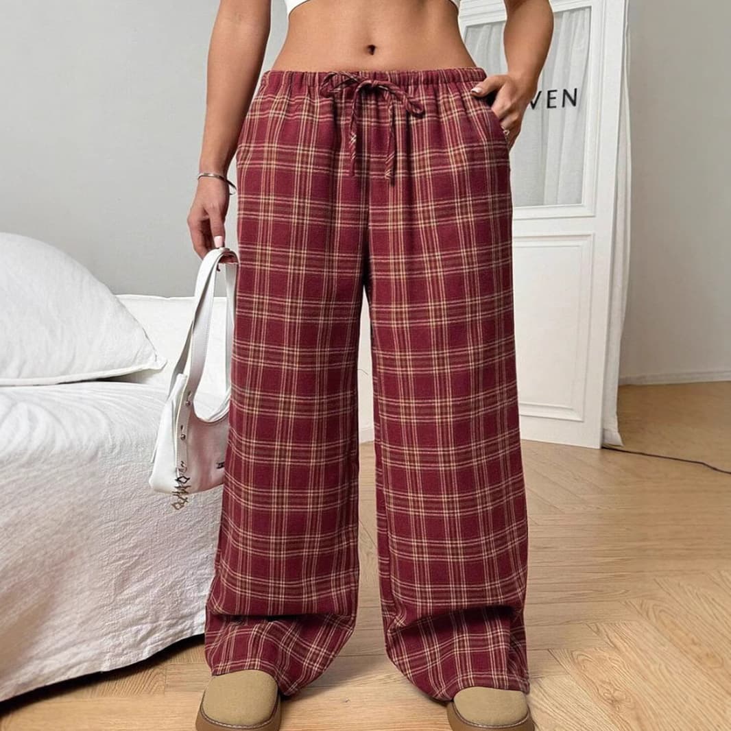 2025 Cross-border Amazon European and American Foreign Trade New Women's Casual Pants All-match Loose Drawstring Plaid Pocket Pants