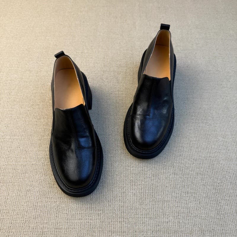 British Style Loafers Women's Retro Slip-on Leather Deep Thick High Heel Shoes Black Casual Thick-soled Leather Shoes