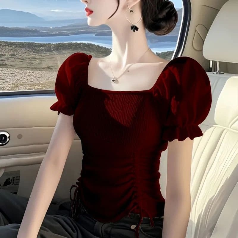 White Waist-Cinching Short-Sleeve Ice Silk Knit Shirt for Women, 2026 Summer New Style, Elegant and Youthful Top for Women