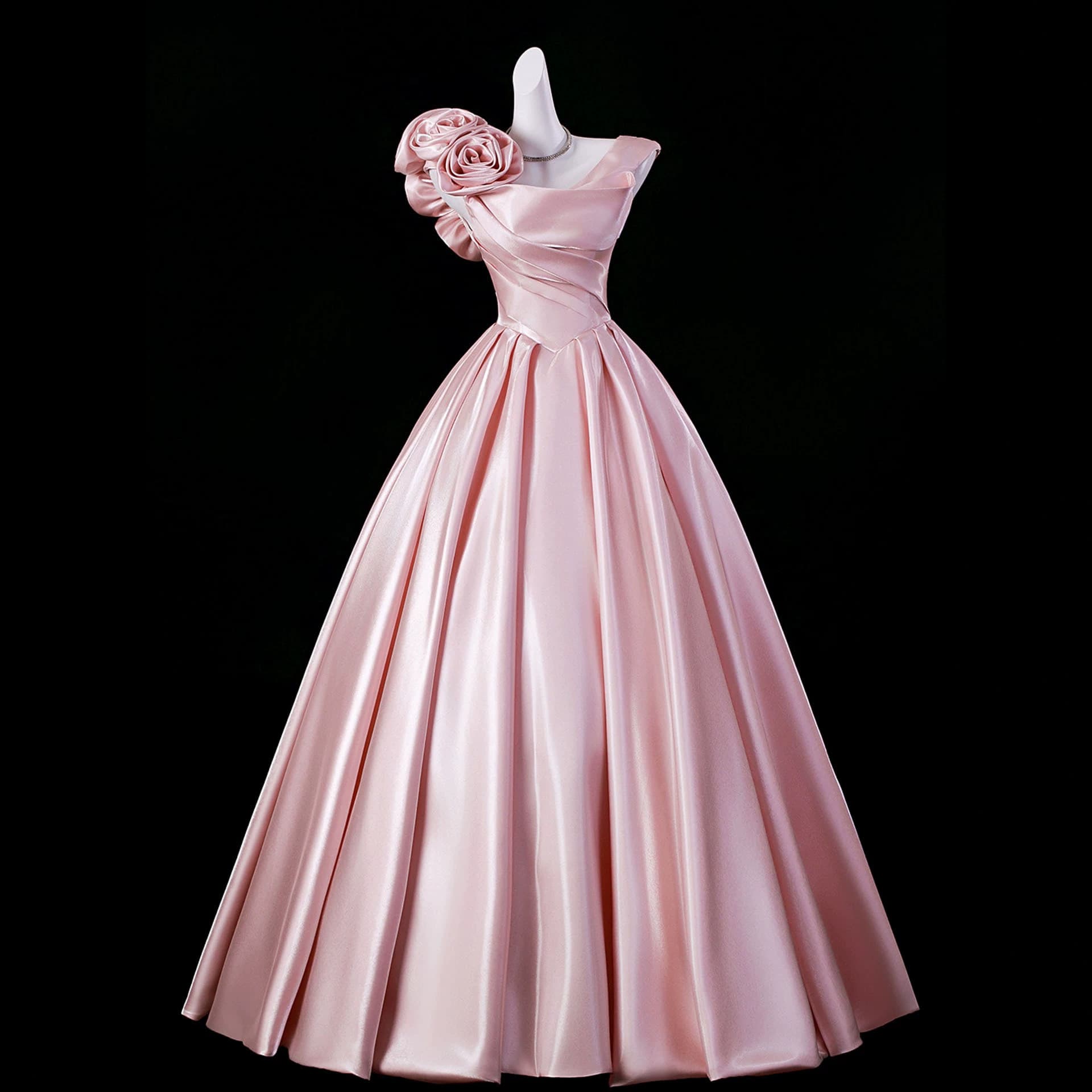 New foreign trade pink evening dress, three-dimensional rose design, fairy-like escape princess dress, cross-border banquet dress
