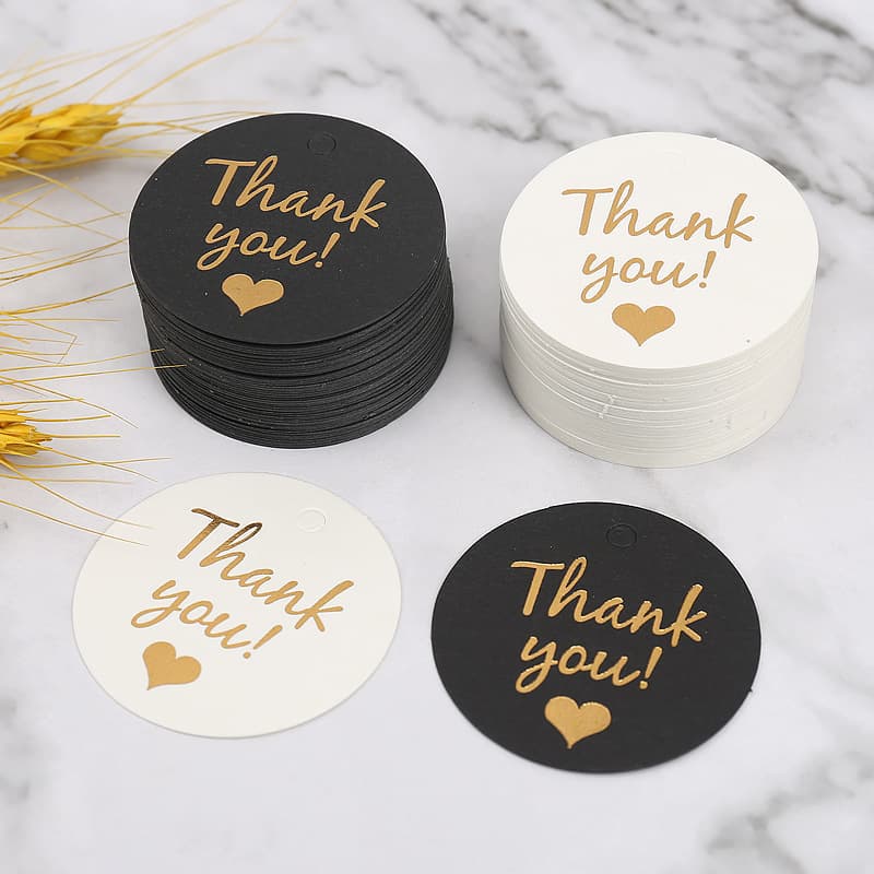 Gold foil hang tag in stock, black and white round gift card, small decorative tag for gifts, thank you card