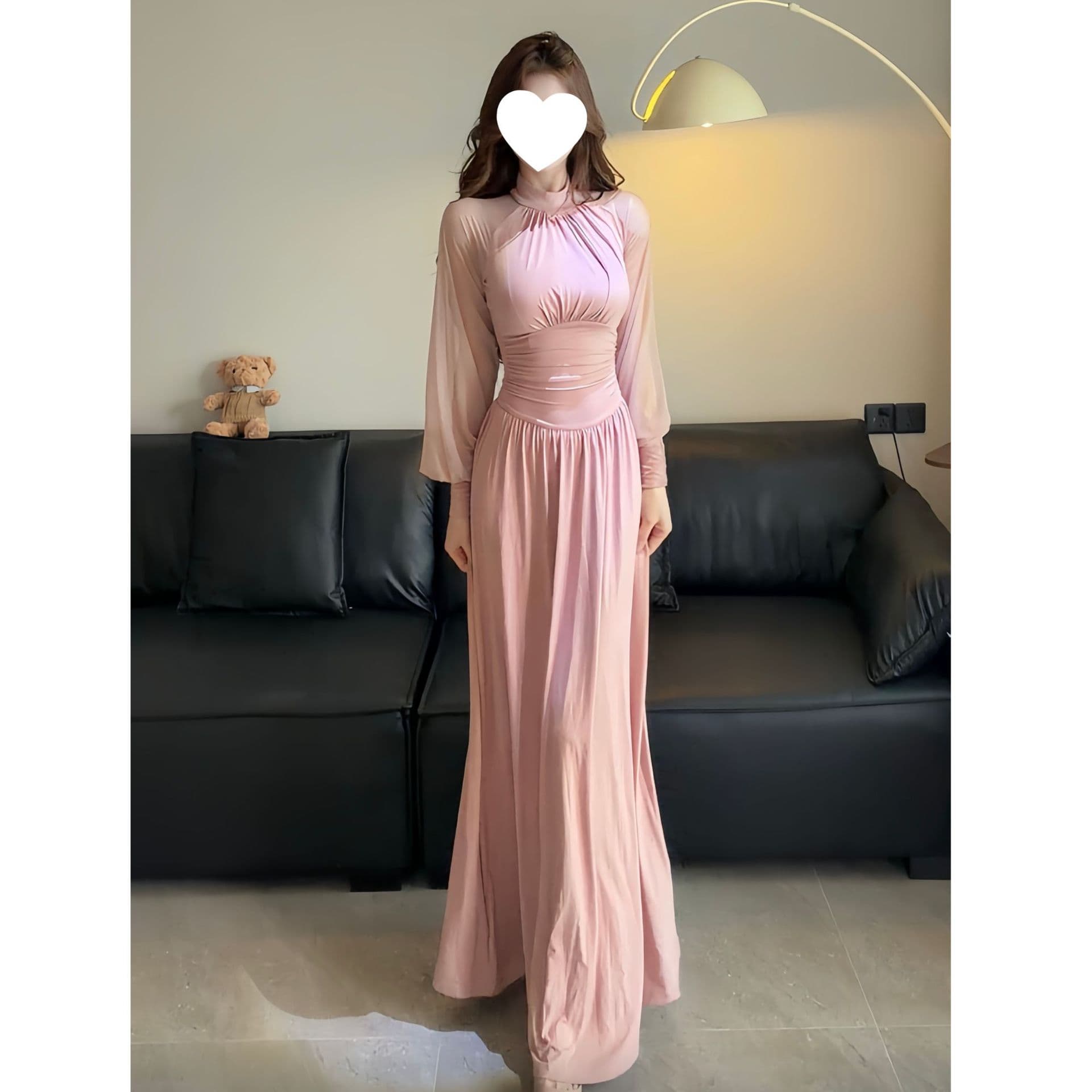 New French Style Long Dress with Semi-High Collar, Ruffled Long Sleeves, Mesh Fabric, Waist-Tightening Slim Fit for Women