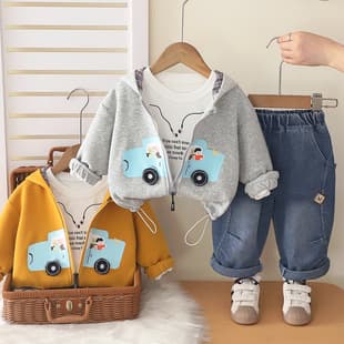 Baby Cute Cartoon Car Hoodie Three-Piece Set Outerwear 2026 Spring Autumn New Fashionable Casual Sportswear