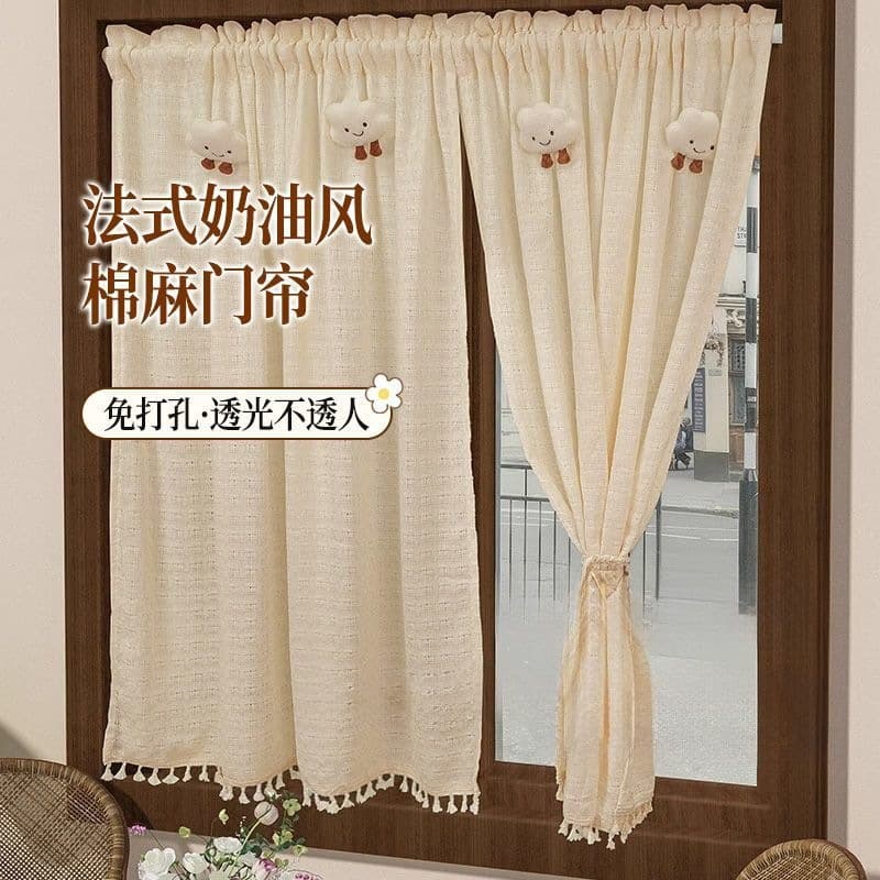 Hualian Retro Literary Cotton and Linen Window Screen Door Curtain Free of Punching Bedroom Bay Window Living Room Versatile Cupboard Curtain Cloud Doll