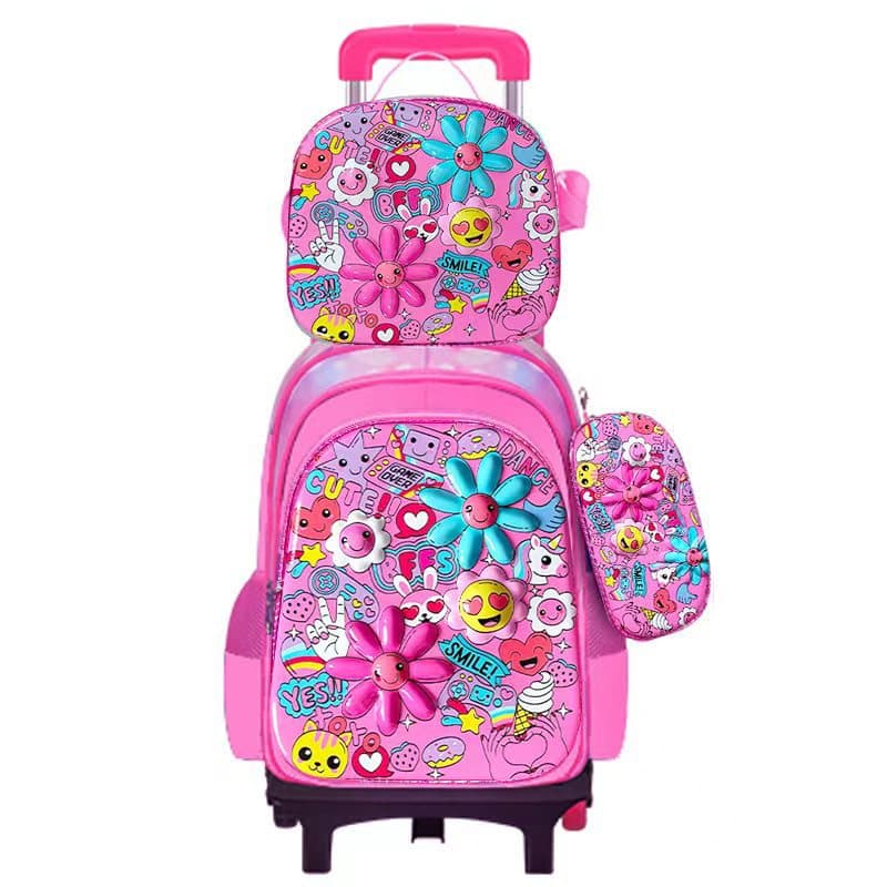 Factory Direct Cross-Border Elementary School Student Trolley Backpack, Two-Wheel Six-Wheel Backpack Three-Piece Set, Cute Cartoon Double-Shoulder Bag