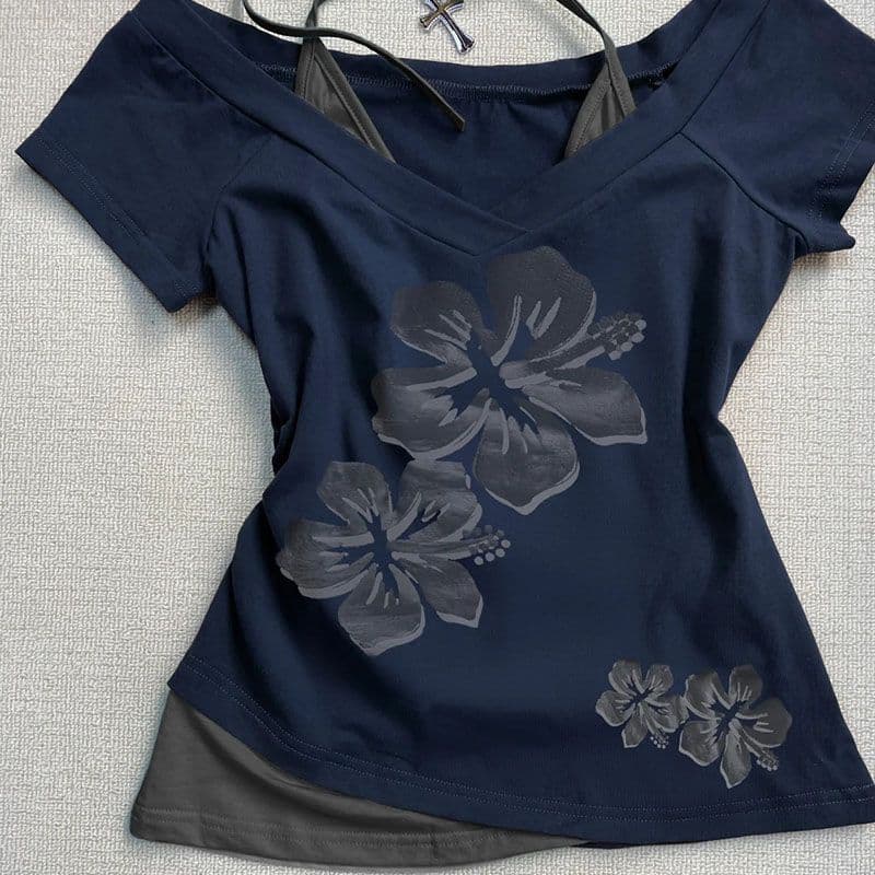 American Vintage Style Faux Two-Layer Short Sleeve T-Shirt 2024 Summer Design Cropped Top Export Slim Fit Retro