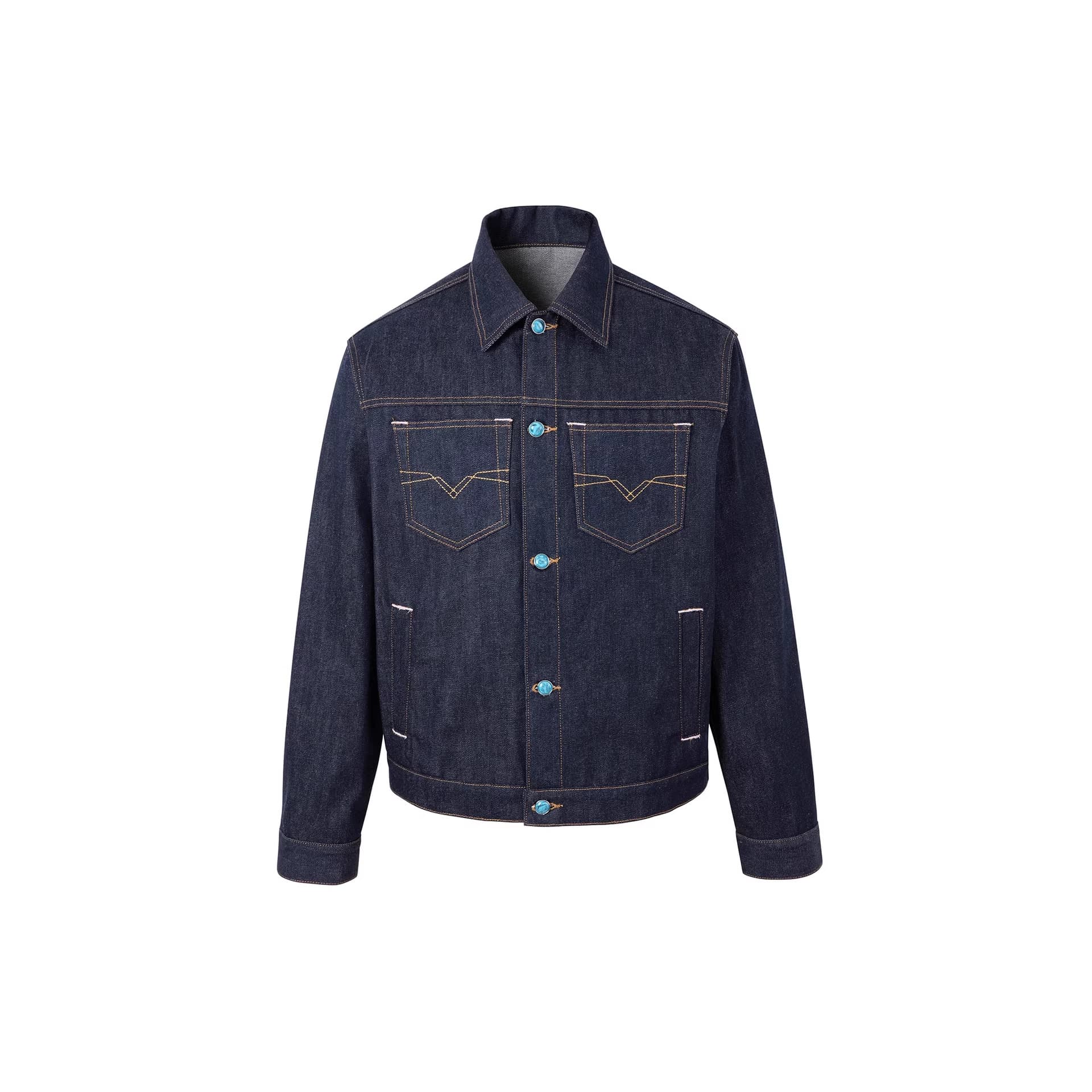 Visible Stitch Raw Denim Stiff Double Pocket Workwear Denim Jacket Men's Fall American Vintage Style Turn-Down Collar Loose Jacket