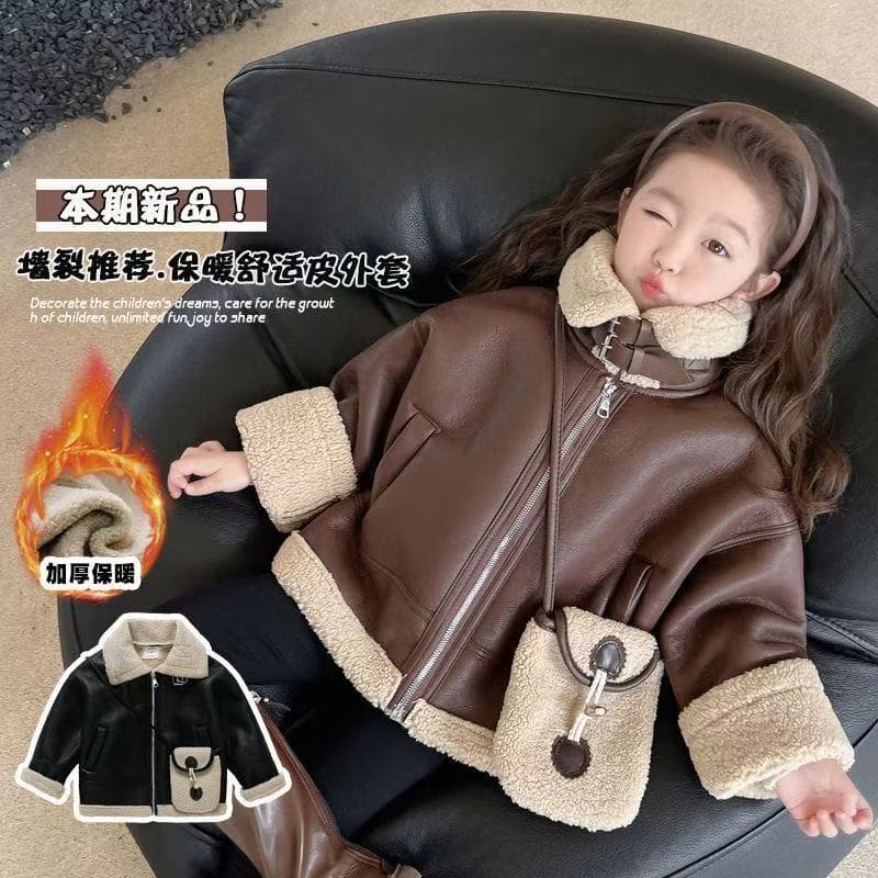 Children's leather jacket autumn and winter 2025 new warm baby boy and girl winter velvet thickened baby winter top