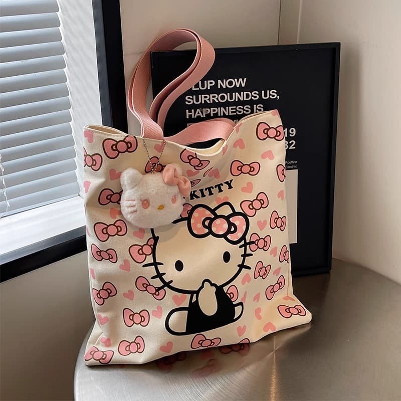 Hello Kitty Canvas Bag Large Capacity Tote for Women Students Single Shoulder Handbag Cute KT Cat Commuter Bag