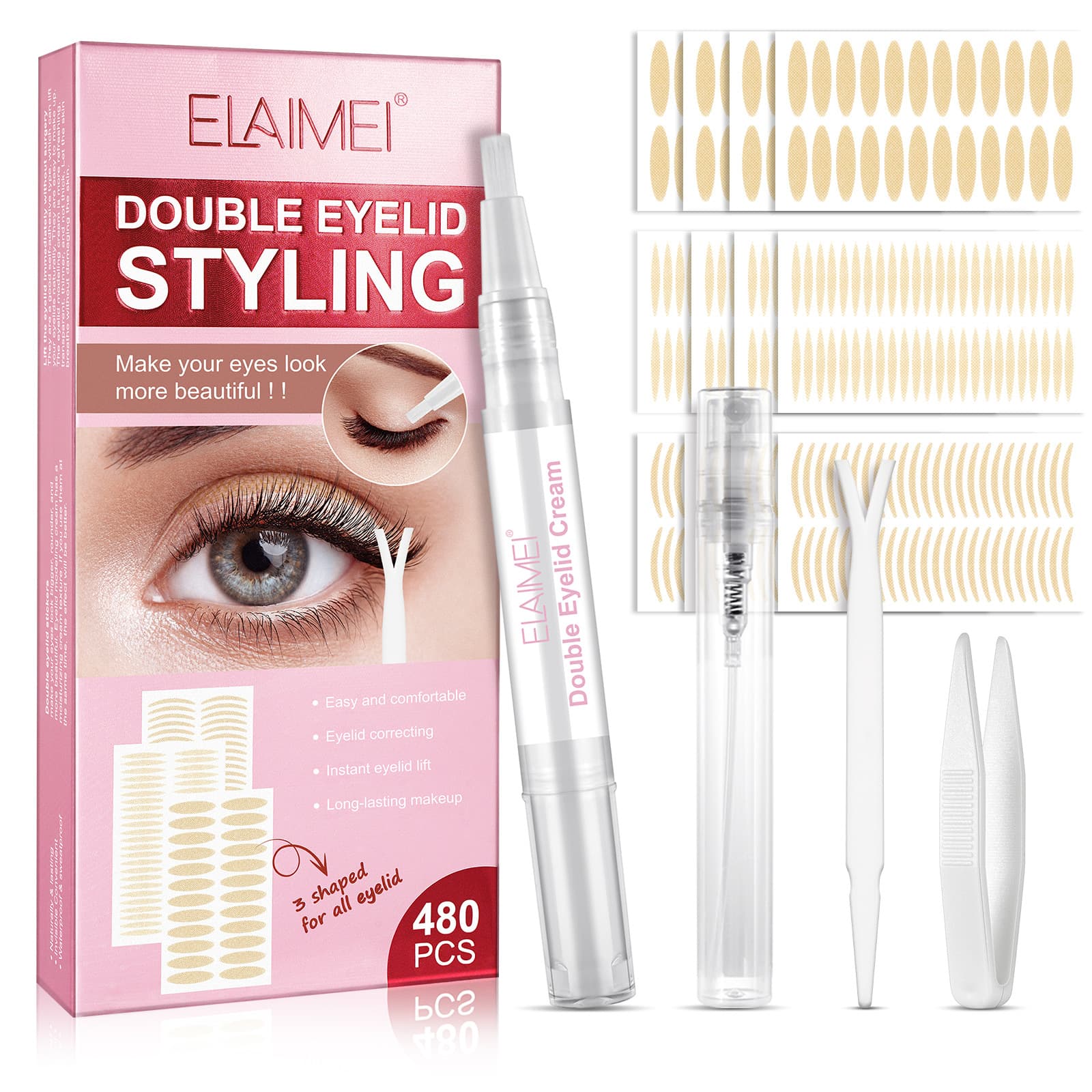 ELAIMEI Double Eyelid Tape Water-Activated 480 Pieces DOUBLE EYELID STYLING 3 Shapes