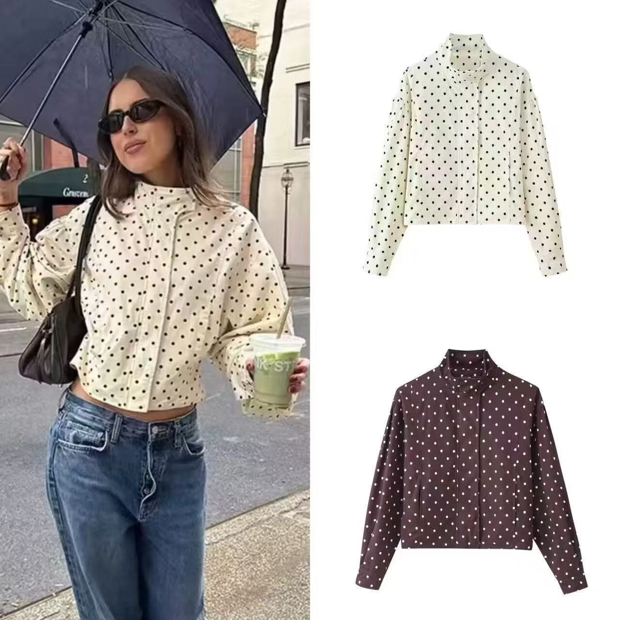 Cross-border AliExpress 2026 Spring New European and American Style Fashion Stand Collar Polka Dot Jacket Long Sleeve Short Coat for Women