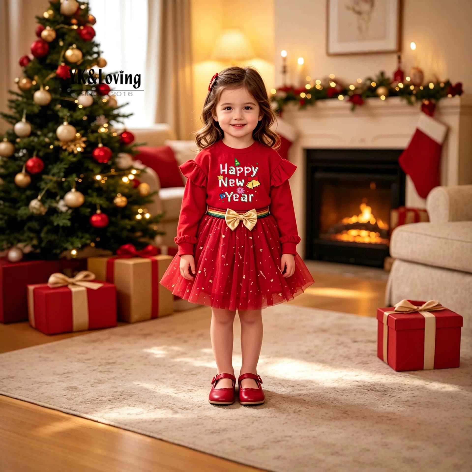 New Girls Christmas Dress Set Double-Sided German Velvet T-Shirt and Skirt 2-Piece Set Baby Party Outfit