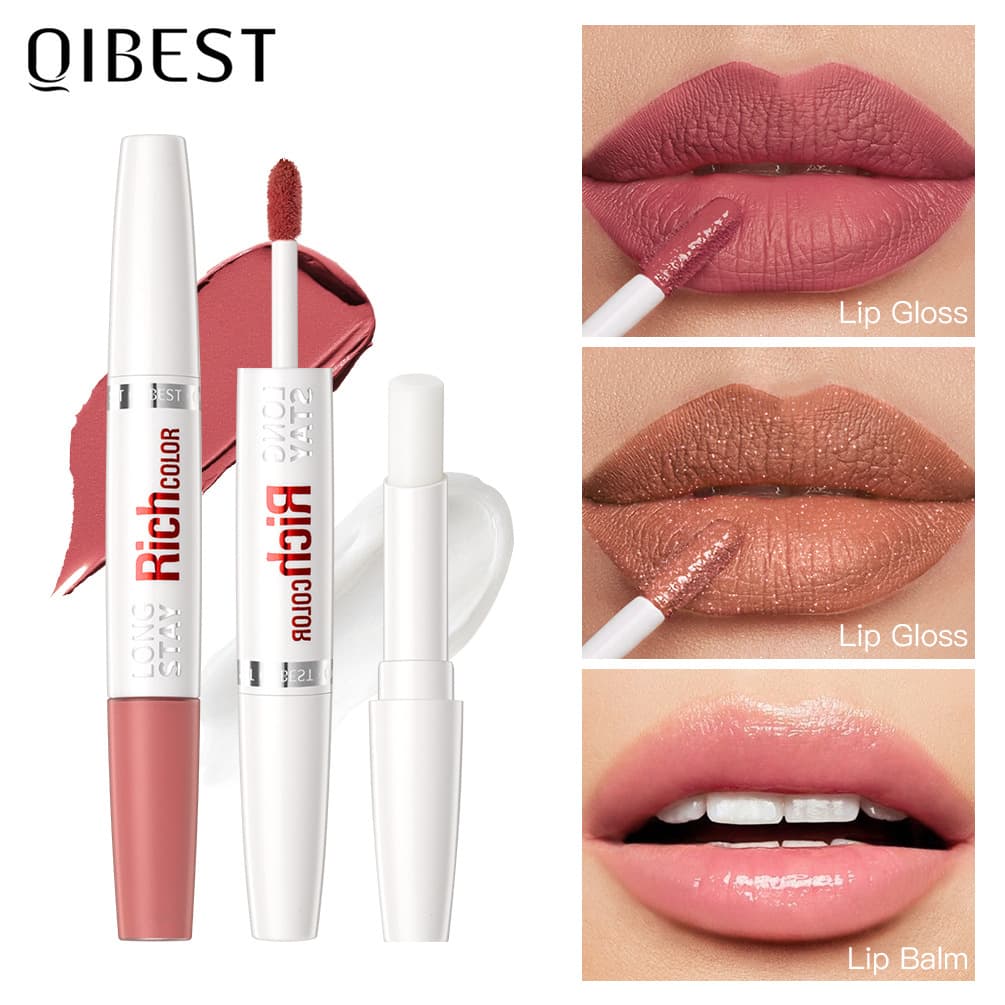 QIBEST double-ended lip glaze lip balm is moisturizing and hydrating, not easy to fade, non-stick cup, long-lasting matte lipstick