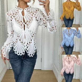 Autumn New European and American Style Fashion Sexy Sexy Hollow Lace Trim Stand Collar Bell Sleeve Breathable Knitted Lace Shirt