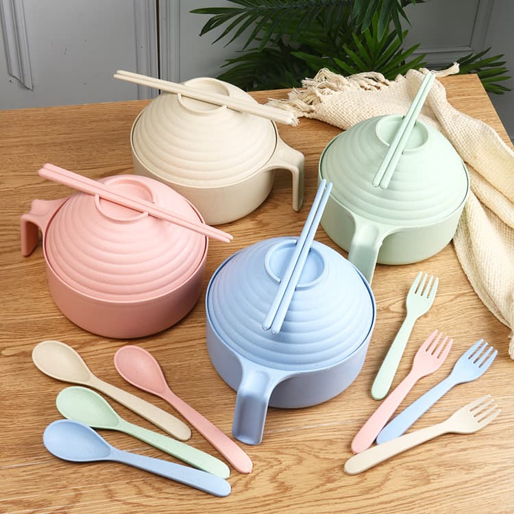 Creative Wheat Straw Instant Noodle Bowl with Lid, Student Snail Noodle Bowl, Household Fork, Spoon, Chopsticks, Tableware, Portable Instant Noodle Bowl