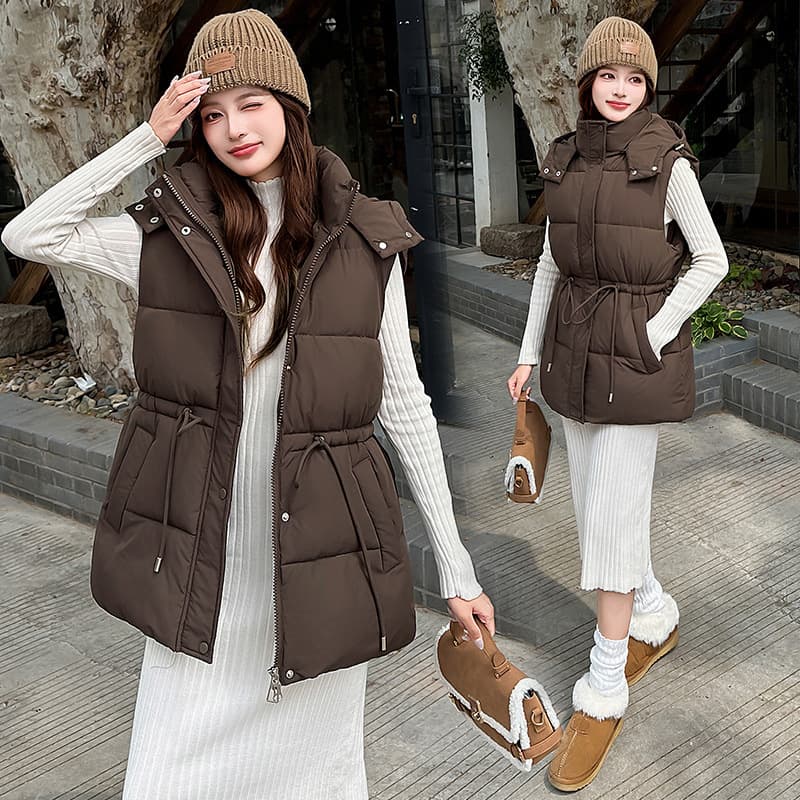 Autumn Winter Cotton Vest for Women Mid-Length Waist-Tied Padded Jacket Korean Loose Sleeveless 2025 Hooded Coat