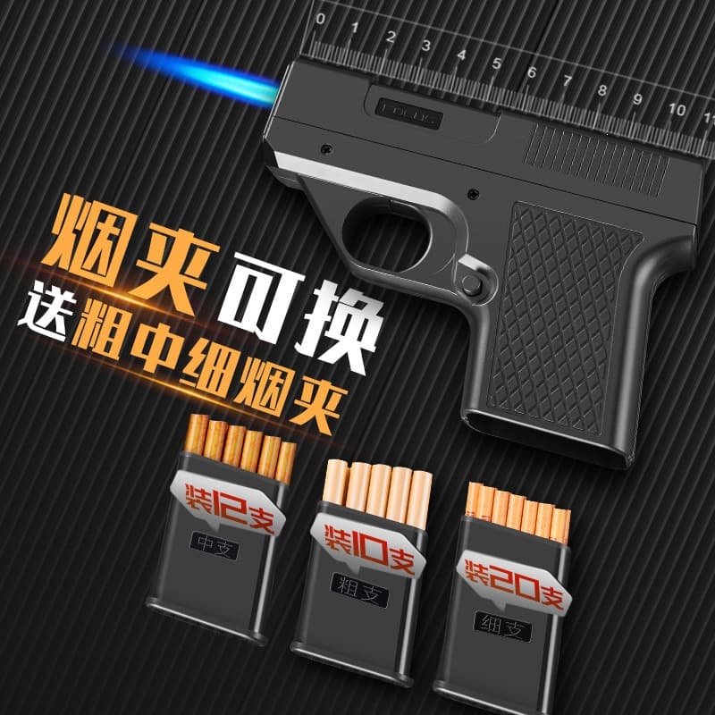 Windproof Lighter Gun Style, Cigarette Case and Lighter Integrated, Personalized Lighter, Interchangeable for Thick, Medium, Thin Cigarettes, Windproof Lighter