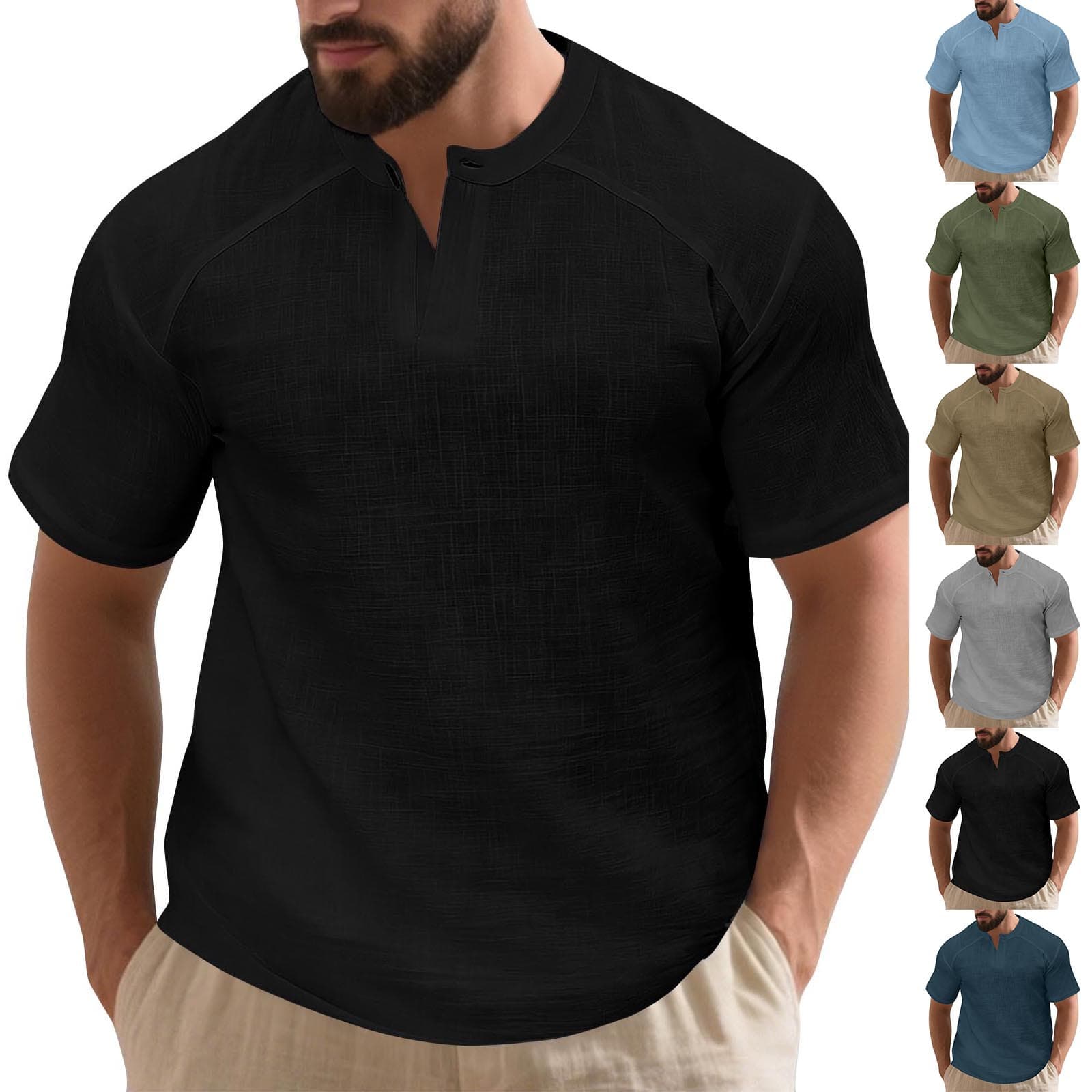 Men's Solid Linen Cotton T-Shirt Summer Breathable Henley Shirt Casual Short Sleeve