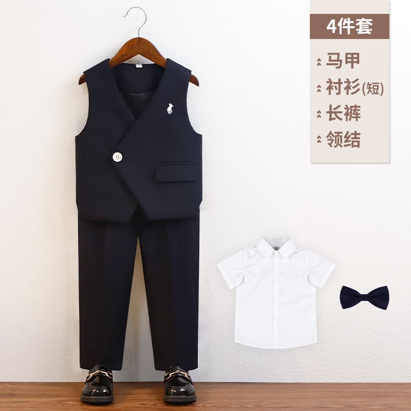 Kids Suit Boys Embroidered Tuxedo Vest Set Flower Boy Birthday Ceremony Outfit Baby Host Piano Performance Costume