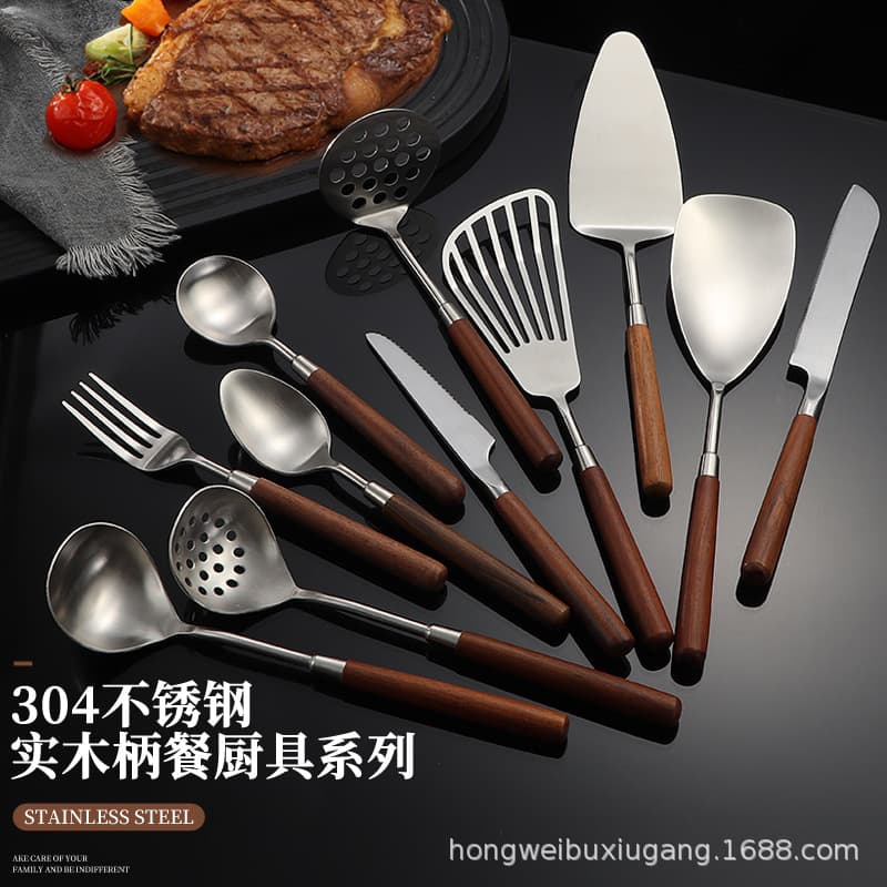 Kitchen 304 Stainless Steel Walnut Handle Spoon Serving Spoon Spatula Cookware Set Steak Knife Fork Spoon Cutlery