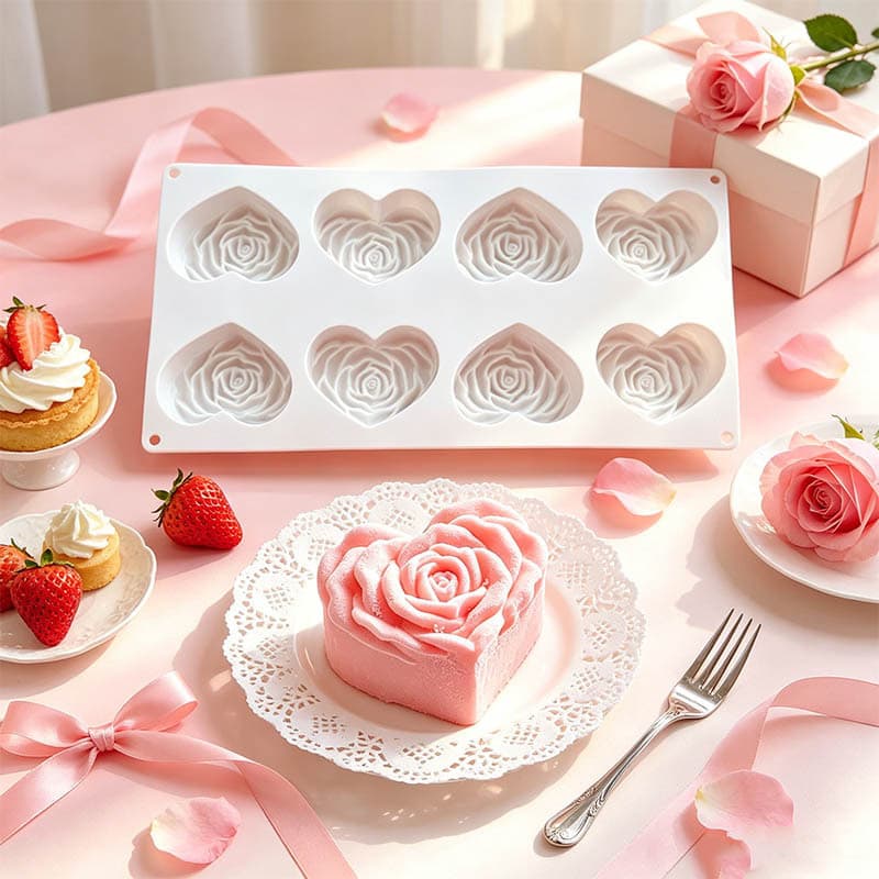 Valentine's Day 8 Love Rose Mousse Cake Mold Heart-Shaped Flower Chocolate Silicone Mold Baking Tools