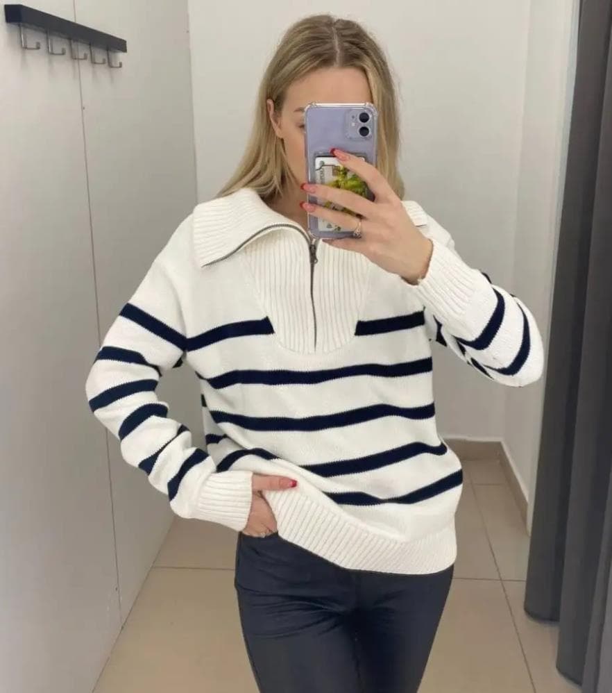 Women's Knitted Sweater 2024 Autumn Winter College Style Outerwear Inner Match Stripe Half Zip Hoodie Comfortable Casual Polyester Blend