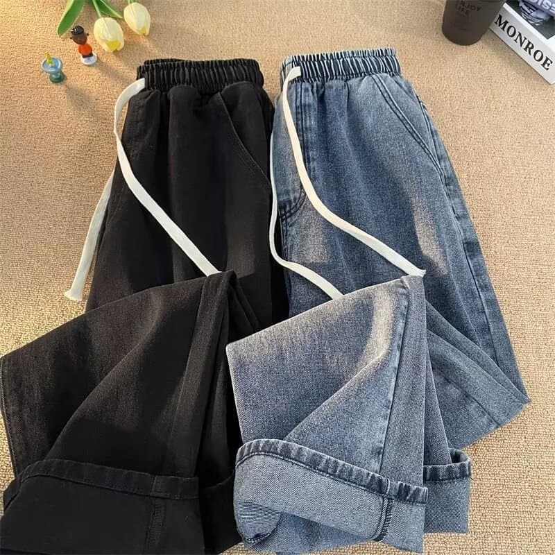 2026 Drawstring Jeans for Men Teenagers Pants Spring Autumn Loose Straight Casual Trousers Cross-border Drop Shipping