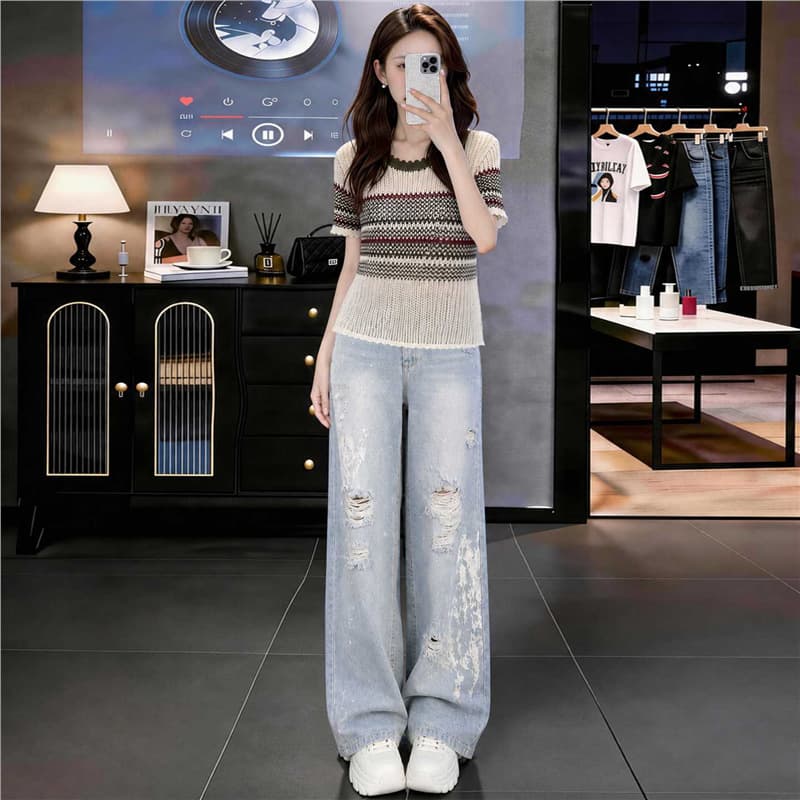 Shenzhen Nanyou fashion suit women's summer light and sophisticated style knitted short-sleeved T-shirt wide-leg jeans two-piece set