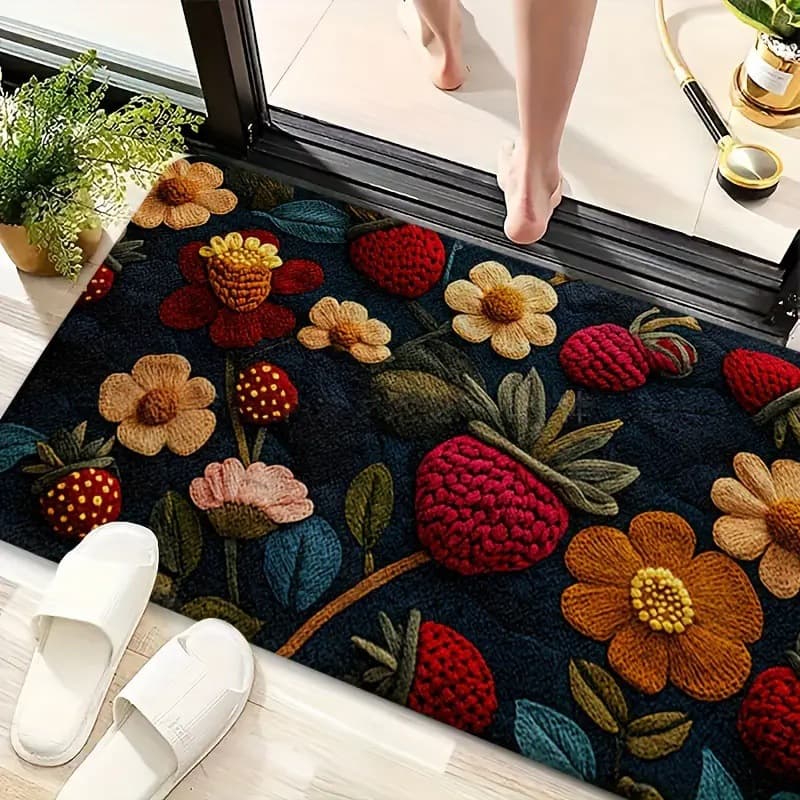 Nordic Floral Design Faux Cashmere Kitchen Bathroom Door Mat, Thickened Durable Entryway Rug