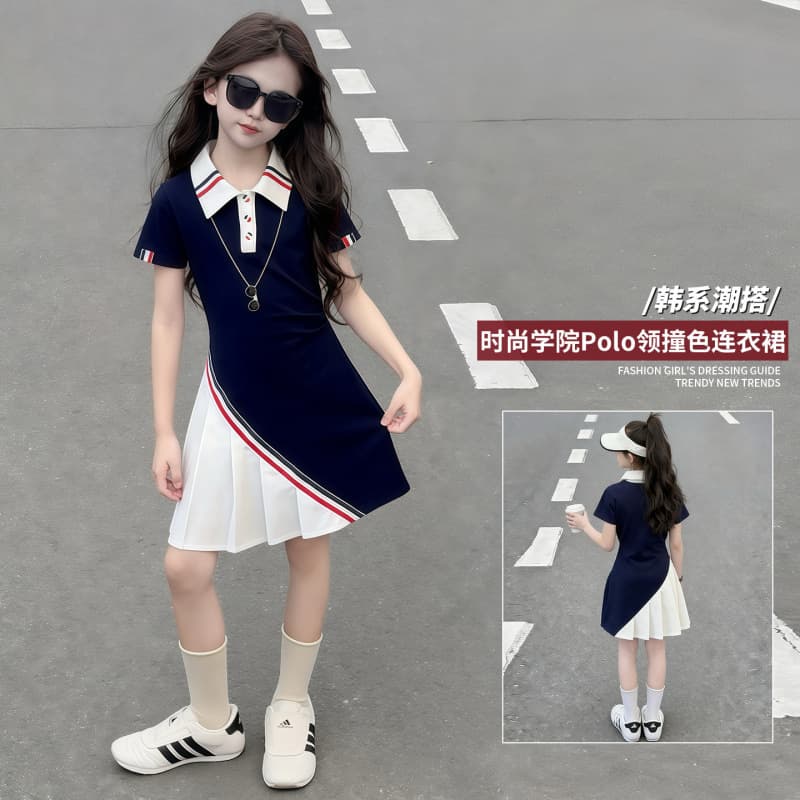 Girls Korean-style Sporty Polo Dress 2026 Summer New Children Casual Campus Style Short Sleeve Dress