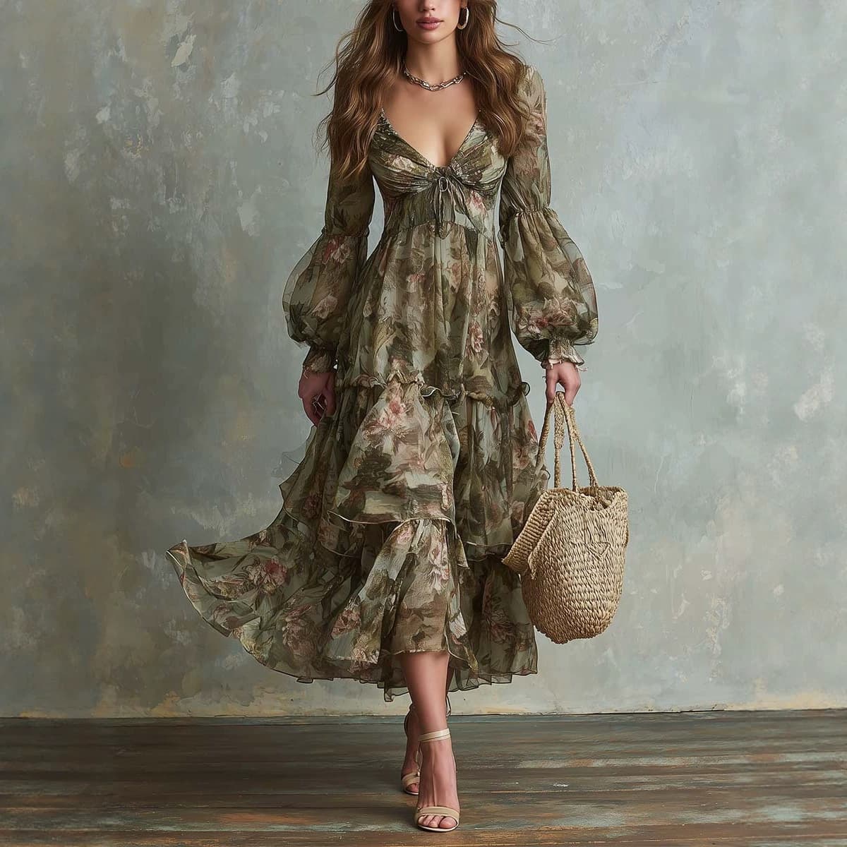 Independent Station Retro Puff Sleeve Ruffle Layered Flared Resort Floral Print Deep V Waist-Cinching Dress
